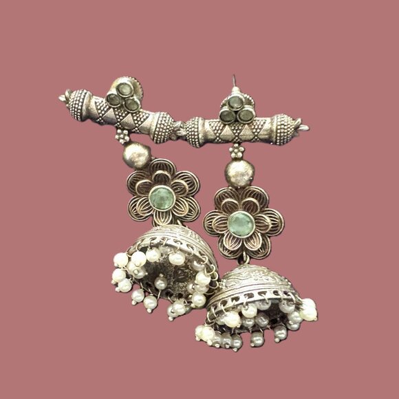Handmade Silver Green Turquoise gems Jhumka Earrings with Pearl Accents EUC - Picture 2 of 12